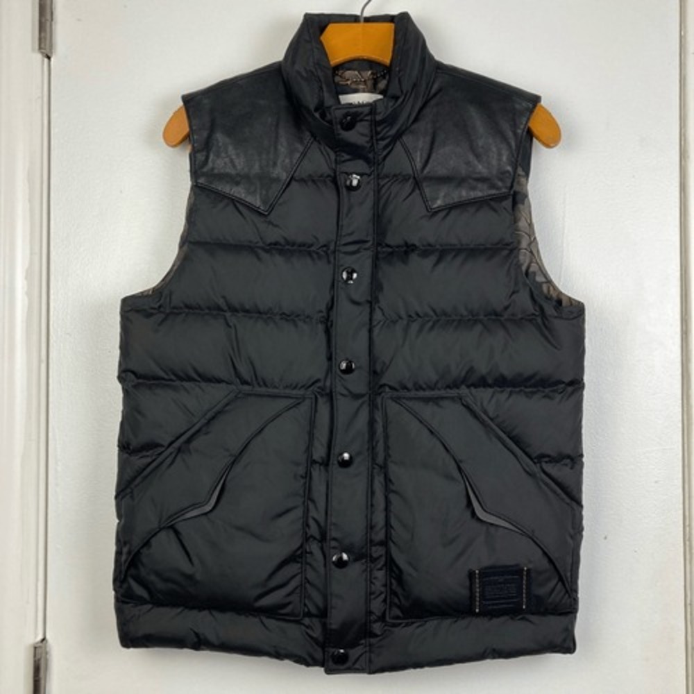 Coach NWOT Men's Black Quilted Puffer Vest Leather Trim White Goose‎ Down sz L